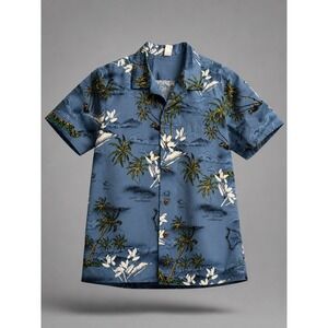 Palmwave Hawaii Mens Blue Tropical Island Map Palm Tree Cotton Aloha Shirt S